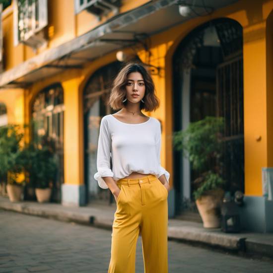 黃色褲子配什么顏色衣服，黃藍撞色與奶油棕調，黃色褲子的夏日配色靈感